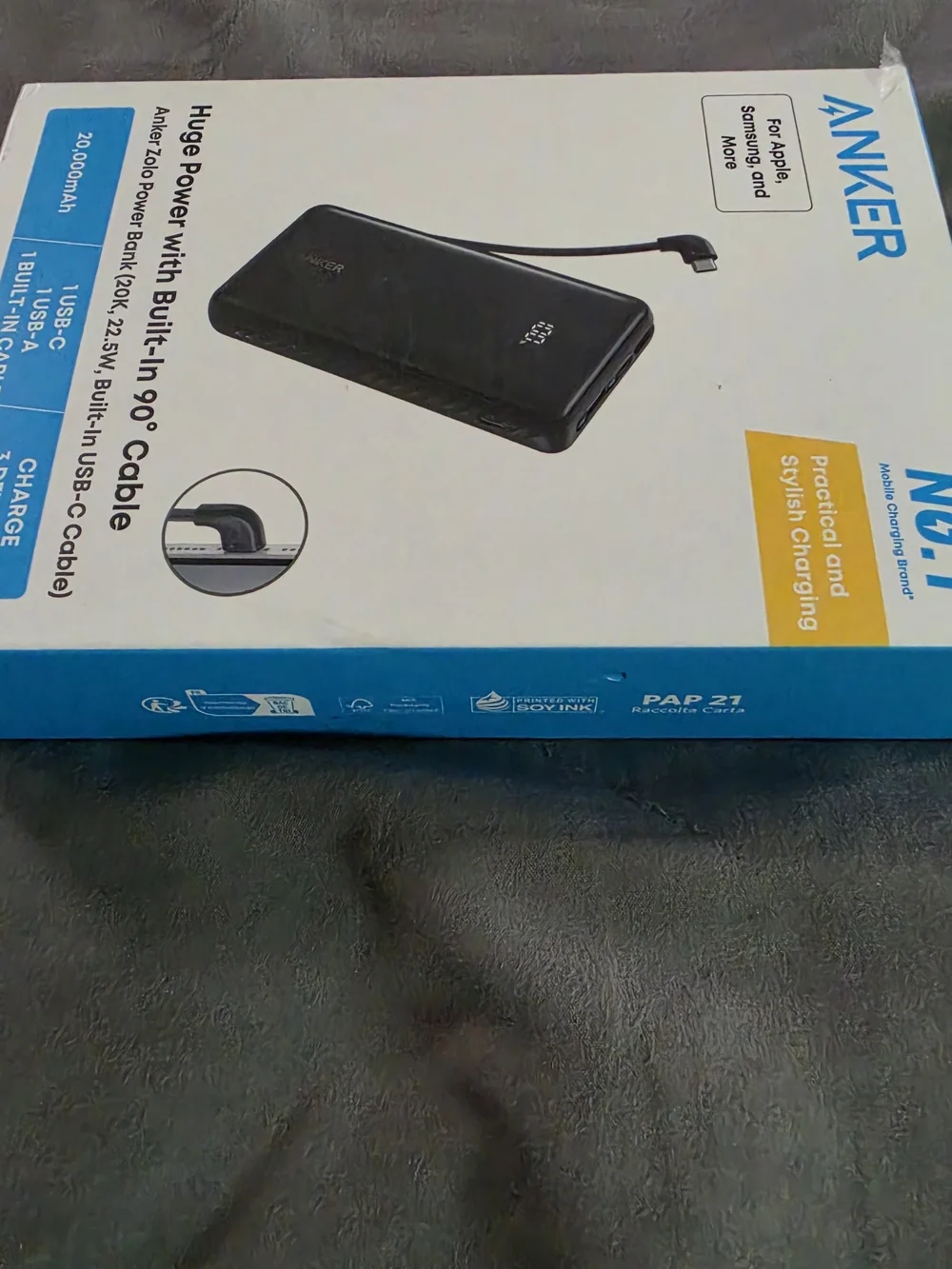 Anker Zolo 20,000mAh Power Bank with Built-In 90° Cable - Black